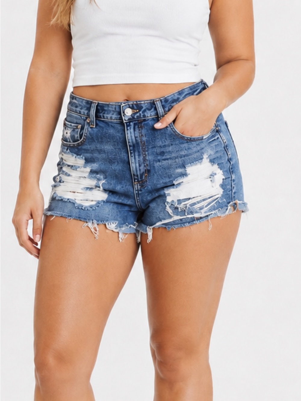 American Eagle Outfitters Distressed Mid-Rise Denim Shorts in Blue